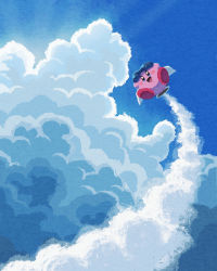 Rule 34 | cloud, cloudy sky, day, excited, fantasy, flying, frown, goggles, highres, jet kirby, kirby, kirby (series), miclot, nintendo, open mouth, outdoors, outstretched arms, rocket, sky, smile, solo, sparkling eyes, spread arms, sunlight, tongue