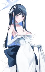 Rule 34 | 1girl, absurdres, black hair, blue archive, blue hair, blue halo, blush, breasts, choker, cleavage, collarbone, dress, earrings, elbow gloves, gloves, halo, highres, jewelry, large breasts, long hair, looking at viewer, official alternate costume, saori (blue archive), saori (dress) (blue archive), simple background, solo, strapless, strapless dress, white background, white choker, white dress, white gloves, zije