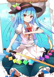 Rule 34 | 1girl, absurdres, arm up, black hat, blue hair, blue sky, boots, bow, bowtie, brown footwear, cloud, dress, feet out of frame, fire, hair between eyes, hat, head tilt, highres, hinanawi tenshi, holding, holding sword, holding weapon, iyo (ya na kanji), keystone, knee boots, layered dress, legs apart, light particles, long hair, looking at viewer, puffy short sleeves, puffy sleeves, red bow, red bowtie, red eyes, rope, shide, shimenawa, short sleeves, sky, smile, solo, sword, sword of hisou, touhou, very long hair, weapon, wind