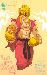 Rule 34 | 00s, 1boy, 2009, abs, blonde hair, blue eyes, capcom, chibi, corey lewis, english text, eyebrows, fingerless gloves, food, fruit, gloves, japanese clothes, ken masters, long hair, looking down, male focus, muscular, one eye closed, open clothes, open shirt, orange (fruit), pectorals, sash, shirt, sketch, sleeveless, smile, solo, speech bubble, standing, street fighter, wink