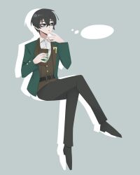 Rule 34 | 1boy, black eyes, black footwear, black hair, black pants, brown vest, collared shirt, cup, green jacket, hand up, hands up, highres, holding, holding cup, jacket, limbus company, long sleeves, no 710, pants, parted lips, project moon, shirt, shoes, sitting, solo, thinking, vest, white shirt, yi sang (project moon)