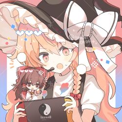 Rule 34 | 2girls, blonde hair, bow, braid, breasts, brown eyes, brown hair, chibi, chibi inset, hair bow, hair tubes, hakurei reimu, handheld game console, hat, hat bow, highres, holding, holding handheld game console, kirisame marisa, long hair, multiple girls, open mouth, red bow, shirocha tei, signature, small breasts, touhou, witch hat, yellow eyes
