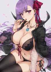 Rule 34 | 1girl, bb (fate), bb (fate/extra), bikini, black bikini, black coat, blush, book, breasts, cleavage, coat, cover, crumbs, earrings, eating, fate/extra, fate/extra ccc, fate (series), front-tie bikini top, front-tie top, glint, hair ribbon, haoni, highres, jacket, jacket on shoulders, jewelry, large breasts, long hair, long sleeves, looking at viewer, nail polish, necklace, open mouth, parted lips, petals, popped collar, purple eyes, purple hair, ribbon, side-tie bikini bottom, sitting, solo, swimsuit, thighs