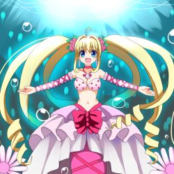 Rule 34 | 00s, 1girl, :d, bare shoulders, blonde hair, blue eyes, breasts, bubble, cleavage, cross-laced clothes, detached sleeves, drill hair, earrings, flower, frills, hair flower, hair ornament, jewelry, long hair, looking at viewer, mermaid, mermaid melody pichi pichi pitch, midriff, miru, monster girl, nanami lucia, navel, necklace, open mouth, outstretched arms, pendant, red rose, ring, rose, smile, solo, spread arms, sunlight, twintails, underwater
