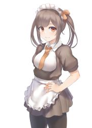 Rule 34 | 1girl, apron, bad id, bad pixiv id, black pantyhose, breasts, brown dress, brown hair, closed mouth, cowboy shot, dress, hair ornament, highres, long hair, looking at viewer, maid, maid apron, maid headdress, marulire, morinaga miu, morinaga miu channel, necktie, orange eyes, pantyhose, short necktie, short sleeves, simple background, small breasts, smile, solo, virtual youtuber, waist apron, white background, wing collar