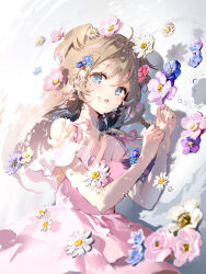 Rule 34 | 1girl, absurdres, anmi, blue eyes, blush, brown hair, bubble, collarbone, flower, highres, long hair, looking at viewer, open mouth, original, solo, water