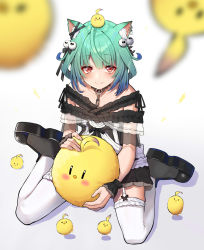 Rule 34 | 1girl, animal, animal ears, animal on head, bird, black footwear, blunt bangs, cat ears, closed mouth, from above, full body, gothic lolita, green hair, hair ornament, highres, hololive, lolita fashion, looking at viewer, mikan (chipstar182), on head, piyoko (uruha rushia), red eyes, shoes, short hair, sitting, smile, solo, thighhighs, uruha rushia, uruha rushia (3rd costume), virtual youtuber, white thighhighs