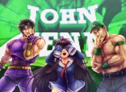 Rule 34 | 1girl, 2boys, abs, azur lane, baseball cap, belt, black hair, brown hair, character name, commentary, commission, covering own eyes, crossover, english commentary, f4f wildcat, fingerless gloves, gloves, hat, height difference, highres, john cena, jojo no kimyou na bouken, jojo pose, jonathan joestar, jonathan joestar&#039;s pose (jojo), long hair, long island (azur lane), melisaongmiqin, meme, multiple boys, multiple crossover, muscular, necktie, nipples, no pants, open mouth, pants, pixelated, red neckwear, sleeveless, sleeves past wrists, smile, teeth, topless male, trait connection, upper teeth only, very long hair, wristband, wwe