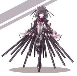 Rule 34 | 1girl, armor, black hair, bodysuit, bow, bowtie, expressionless, funnels (gundam), hair over eyes, long hair, looking at viewer, maid headdress, mecha musume, original, red bow, red bowtie, simple background, solo, standing, syarute, thighhighs, white background