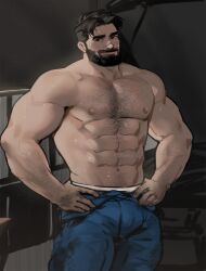 Rule 34 | 1boy, abs, bara, beard, blue jumpsuit, cowboy shot, dirty, dirty clothes, dopey (dopq), facial hair, full beard, hairy, highres, jumpsuit, large pectorals, looking at viewer, male focus, mature male, muscular, muscular male, navel, nipples, open jumpsuit, original, paid reward available, pectorals, short hair, solo, sparse chest hair, sparse navel hair, standing, sweat, thick beard, thick eyebrows, topless male