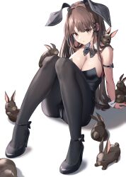 Rule 34 | 1girl, :t, animal, animal ears, arm strap, ass, bare shoulders, black footwear, black leotard, black pantyhose, bow, bowtie, breasts, brown eyes, brown hair, chinese zodiac, cleavage, crotch seam, detached collar, fake animal ears, hair ornament, hairclip, high heels, highres, knees up, large breasts, leotard, long hair, looking at viewer, original, pantyhose, playboy bunny, pout, rabbit, rabbit ears, seero, sitting, solo, strapless, strapless leotard, thighs, very long hair, wrist cuffs, year of the rabbit