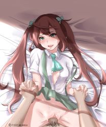 Rule 34 | 10s, 1boy, 1girl, asagumo (kancolle), ascot, bed sheet, blush, bow, breasts, brown hair, censored, clothed sex, clothes lift, collared shirt, disco brando, green eyes, green skirt, hair bow, holding hands, hetero, highres, interlocked fingers, kantai collection, long hair, looking at viewer, male pubic hair, missionary, no panties, open clothes, open mouth, open shirt, penis, pov, pubic hair, pussy, pussy juice, round teeth, school uniform, sex, shirt, short sleeves, skirt, skirt lift, small breasts, solo focus, spread legs, sweat, teeth, twintails, unbuttoned, unbuttoned shirt, vaginal, very long hair, wing collar