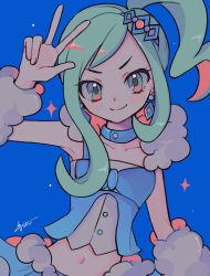 Rule 34 | 1girl, arm warmers, blue background, blush, buttons, closed mouth, commentary request, creatures (company), earrings, eyelashes, game freak, green eyes, green hair, hair ornament, hand up, highres, jewelry, lisia (pokemon), looking at viewer, navel, nintendo, omochi kuenai, pokemon, pokemon oras, sidelocks, signature, simple background, smile, solo, sparkle, w