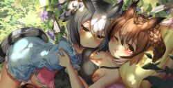 2girls absurdres animal_ears bird_tail black_hair black_tank_top blue_dress blush breasts brown_hair buwad cleavage commission dolphin_shorts dress eurasian_eagle_owl_(kemono_friends) frilled_dress frills grey_hair hair_between_eyes head_wings highres kemono_friends large_breasts multicolored_hair multiple_girls no_bra northern_white-faced_owl_(kemono_friends) open_mouth owl_ears pillow short_hair shorts tail tank_top white_hair wings