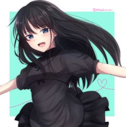 Rule 34 | 1girl, :d, absurdres, aqua background, black dress, blue eyes, blush, commentary request, copyright request, dress, heart, highres, jewelry, long hair, looking at viewer, necklace, open mouth, outstretched arms, puffy short sleeves, puffy sleeves, short sleeves, simple background, smile, solo, spread arms, standing, tanaji, twitter username, upper body
