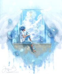 Rule 34 | 1boy, bubble, cloud, day, denim, facing to the side, fusui, highres, jeans, looking back, male focus, original, pants, ramune, scenery, shirt, signature, sky, solo, t-shirt, white shirt, wind chime, window