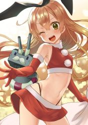 Rule 34 | 1girl, black panties, blonde hair, commentary request, cowboy shot, elbow gloves, fake facial hair, fake mustache, flat chest, gloves, hairband, halterneck, highleg, highleg panties, kantai collection, lifebuoy, long hair, midriff, miniskirt, one eye closed, open mouth, panties, pom pom (clothes), red gloves, red skirt, red thighhighs, rensouhou-chan, santa costume, shimakaze (kancolle), skirt, smile, solo, swim ring, tank top, teeth, thighhighs, underwear, upper teeth only, yumi yumi