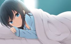 Rule 34 | 10s, 1girl, asashio (kancolle), backlighting, bed, black hair, blue eyes, blush, collarbone, from side, indoors, jewelry, kantai collection, long hair, long sleeves, looking at viewer, lying, nagami yuu, on bed, on side, pajamas, pillow, pov across bed, ring, smile, solo, sparkle, under covers, wedding band