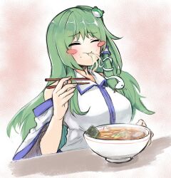 Rule 34 | bare shoulders, blue trim, blush stickers, breasts, chopsticks, closed eyes, collared shirt, detached sleeves, eating, food, frog hair ornament, ginnkei, green hair, hair ornament, hair tubes, holding, holding chopsticks, kochiya sanae, large breasts, long hair, noodles, ramen, shirt, single hair tube, sleeveless, sleeveless shirt, slurping, snake hair ornament, touhou, upper body, white shirt