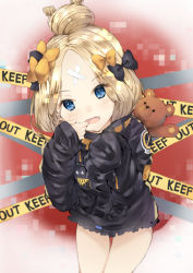 Rule 34 | 1girl, abigail williams (fate), abigail williams (traveling outfit) (fate), alternate hairstyle, bandaid, bandaid on face, bandaid on forehead, belt, black bow, black jacket, blonde hair, blue eyes, blush, bow, caution tape, cheek pull, fang, fate/grand order, fate (series), finger in own mouth, forehead, hair bow, hair bun, high collar, highres, hip focus, holding, holding stuffed toy, jacket, keep out, kkumon, long hair, looking at viewer, mouth pull, official alternate costume, open mouth, orange bow, parted bangs, polka dot, polka dot bow, single hair bun, sleeves past fingers, sleeves past wrists, solo, stuffed animal, stuffed toy, teddy bear, thighs