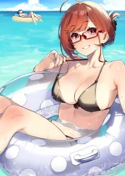 Rule 34 | 2girls, 92m, absurdres, afloat, ahoge, bare arms, bare shoulders, bikini, black bikini, blush, bracelet, breasts, brown hair, collarbone, commentary, dateko (92m), day, folded ponytail, glasses, grin, highres, innertube, jewelry, kinshi no ane (92m), large breasts, looking back, multiple girls, ocean, original, outdoors, parted lips, partially submerged, red-framed eyewear, red hair, smile, solo focus, strap lift, swim ring, swimsuit, water