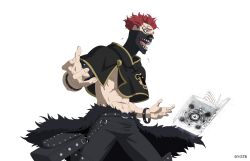 Rule 34 | 1boy, abs, belt, black belt, black bulls (emblem), black capelet, black clover, black clover m: rise of the wizard king, black mask, black pants, blue eyes, book, boots, bracelet, capelet, eyebrow piercing, highres, jewelry, mask, navel, official art, open book, open mouth, pants, piercing, red hair, rubbing neck, sharp teeth, short hair, simple background, solo, teeth, topless male, zora ideale