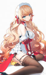 Rule 34 | 1girl, absurdres, apron, azur lane, bare shoulders, between legs, bird, blonde hair, blue eyes, breasts, brown thighhighs, chick, detached sleeves, dress, eyeshadow, frilled dress, frills, garter straps, headdress, high heels, highres, howe (azur lane), howe (pastry princess) (azur lane), juliet sleeves, large breasts, long hair, long sleeves, looking at viewer, maid, maid apron, maid headdress, makeup, manjuu (azur lane), official alternate costume, patent heels, puffy sleeves, pumps, shoes, short dress, sitting, snow is, solo, spaghetti strap, thighhighs, thighs, very long hair, wariza, wavy hair, white dress