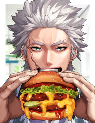 Rule 34 | 1boy, absurdres, blue eyes, burger, earrings, eating, facial scar, fate/grand order, fate (series), food, grey hair, haruakira, highres, holding, holding burger, holding food, jewelry, male focus, nagakura shinpachi (fate), open mouth, portrait, scar, scar on cheek, scar on face, scar on hand, short hair, stud earrings