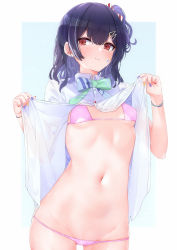Rule 34 | 1girl, absurdres, bikini, black hair, blue background, blush, bracelet, breasts, closed mouth, collared shirt, commentary request, covered erect nipples, cowboy shot, diagonal stripes, eyebrows hidden by hair, facial mark, groin, hair between eyes, hair ornament, hair ribbon, hairclip, highres, idolmaster, idolmaster shiny colors, jewelry, looking at viewer, lowleg, lowleg bikini, medium hair, midriff, morino rinze, multicolored nails, nail polish, navel, neck ribbon, one side up, partially unbuttoned, pink bikini, red eyes, ribbon, shirt, sidelocks, small breasts, solo, standing, star (symbol), striped, swimsuit, teeth, tutinako, underboob, undressing, white shirt