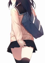 Rule 34 | 1girl, 3:, bag, black hair, black skirt, black thighhighs, blush, caidychen, cardigan, closed mouth, commentary, cowboy shot, grey background, head out of frame, long hair, looking back, miniskirt, original, pleated skirt, profile, school bag, school uniform, serafuku, shoulder bag, simple background, skirt, sleeves past wrists, solo, thighhighs, thighs, white background