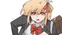 Rule 34 | 1girl, bag, black jacket, blonde hair, bright pupils, chinese commentary, collared shirt, commentary request, hair ornament, hair ribbon, highres, jacket, long sleeves, looking at viewer, lycoris recoil, medium hair, nishikigi chisato, one side up, open clothes, open jacket, open mouth, orange eyes, red ribbon, ribbon, school uniform, shirt, shoulder bag, simple background, solo, star (symbol), star hair ornament, upper body, white background, white pupils, white shirt, yanlingjinshilihuahua