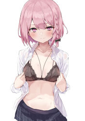 Rule 34 | 1girl, black bow, black bra, blue skirt, blush, bow, bra, braid, breasts, closed mouth, collared shirt, commentary request, dress shirt, hair bow, highres, medium breasts, navel, open clothes, open shirt, original, pink eyes, pink hair, school uniform, shirt, short hair, simple background, skirt, solo, stomach, toshizou (0714), underwear, white shirt