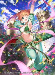 Rule 34 | 1girl, ;d, bell, bracelet, breasts, castle, cleavage, cloud, commentary request, double bun, fire emblem, fire emblem: the binding blade, fire emblem cipher, flower, green eyes, jewelry, kousei horiguchi, larum (fire emblem), leaf, midriff, navel, necklace, nintendo, official art, one eye closed, open mouth, orange hair, petals, rose, sky, smile, solo, sparkle, stairs