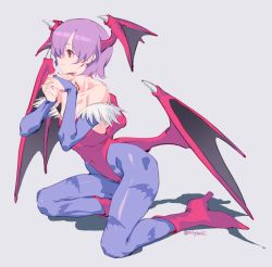 Rule 34 | 1girl, animal print, bare shoulders, bat print, bat wings, blue pantyhose, boots, breasts, closed mouth, collarbone, commentary, covered navel, english commentary, from side, full body, head wings, high heel boots, high heels, highres, kneeling, leotard, lilith aensland, olys, own hands clasped, own hands together, pantyhose, parted bangs, pink hair, profile, red eyes, red footwear, red heels, red leotard, shadow, short hair, simple background, small breasts, smile, solo, twitter username, vampire, vampire (game), white background, wings