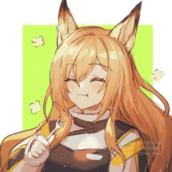 Rule 34 | 1girl, animal ears, arknights, border, brown hair, ceobe (arknights), closed eyes, collar, dog ears, eating, flower, food, food on face, fork, gogatsu fukuin, green background, hair between eyes, happy, holding, holding fork, jacket, light blush, lofter username, long hair, long sleeves, rice, rice on face, smile, solo, twitter username, upper body, weibo watermark, white background