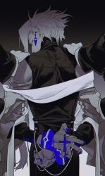 Rule 34 | 3boys, arm grab, arms behind back, between fingers, blue nails, bound, bound wrists, clenched hand, covering own mouth, cross, cross necklace, cuffs, earrings, forever 7th capital, from behind, gradient background, hand on another&#039;s arm, hand on another&#039;s shoulder, highres, holding, iscario (forever 7th capital), jewelry, layered sleeves, long sleeves, looking at viewer, male focus, multiple boys, nail polish, necklace, off shoulder, out of frame, restrained, short hair with long locks, sidelocks, sideways glance, solo focus, spot color, stole, unworn jewelry, unworn necklace, wide sleeves, yellow eyes, yonoka