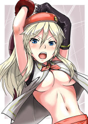 Rule 34 | 10s, 1girl, alisa ilinichina amiella, arms up, beret, blonde hair, blue eyes, breasts, god eater, god eater 2: rage burst, hat, lithiumia, navel, no bra, open mouth, solo, underboob
