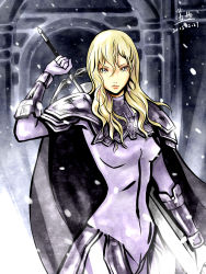 Rule 34 | 1girl, absurdres, armor, artist name, artist request, blonde hair, breasts, cape, claymore (series), claymore (sword), dated, flora (claymore), grey eyes, highres, long hair, looking at viewer, solo, sword, weapon