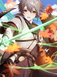 Rule 34 | 1boy, absurdres, autumn leaves, bandaged arm, bandaged hand, bandages, black gloves, cloud, commentary request, day, ebibi chiriri, fingerless gloves, genshin impact, gloves, glowing, glowing sword, glowing weapon, grey hair, hair between eyes, highres, holding, holding sword, holding weapon, japanese clothes, kaedehara kazuha, leaf, leaf print, looking at viewer, male focus, outdoors, parted lips, ponytail, red eyes, red hair, sky, solo, sword, tree, weapon