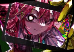 Rule 34 | 1girl, absurdres, black eyes, black necktie, closed mouth, collared shirt, drill hair, gloves, highres, kasane teto, looking at viewer, mesmerizer (vocaloid), necktie, pants, pink hair, pink pants, shirt, smile, solo, striped clothes, striped shirt, symbol in eye, tel teh, twin drills, upper body, utau, yellow gloves