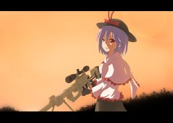 Rule 34 | 1girl, anime coloring, bolt action, bow, cheytac m200, female focus, finger on trigger, fingerless gloves, frills, gloves, gun, hat, hat bow, highres, kamiya suzume, letterboxed, looking at viewer, nagae iku, purple hair, red eyes, rifle, shiroi suzume, short hair, sky, sniper, sniper rifle, solo, standing, sunset, touhou, weapon