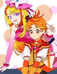 1boy 1girl blonde_hair bright_pupils cure_butterfly cure_wing highres hijiri_ageha hirogaru_sky!_precure magical_boy magical_girl me_(thesad0818) nail_polish open_mouth orange_hair pink_nails precure puffy_short_sleeves puffy_sleeves purple_eyes red_eyes short_sleeves smile yuunagi_tsubasa