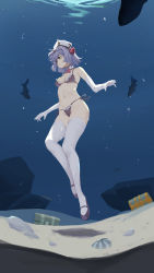 Rule 34 | 1girl, absurdres, air bubble, bubble, elbow gloves, floating, flower, freediving, frilled underwear, genshin impact, gloves, hair flower, hair ornament, hat, highres, holding breath, noelle (genshin impact), seafloor, puffy cheeks, purple hair, rou (rou22), sand, seashell, shark, shell, shoes, swimming, thighhighs, treasure chest, underwater, white gloves, white thighhighs