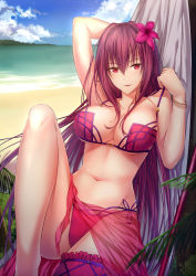 Rule 34 | 1girl, arm up, beach, bikini, bikini pull, blush, bracelet, breasts, clothes pull, commentary, day, fate/grand order, fate (series), flower, gae bolg (fate), hair between eyes, hair flower, hair ornament, hammock, hand up, highres, jewelry, knee up, large breasts, light smile, long hair, looking at viewer, luzi, navel, outdoors, parted lips, polearm, purple bikini, purple eyes, purple flower, purple hair, sarong, scathach (fate), scathach (fate/grand order), scathach (swimsuit assassin) (fate), sidelocks, smile, solo, spear, swimsuit, thighs, tsurime, weapon