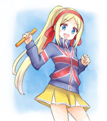Rule 34 | 1girl, baton, blonde hair, blue eyes, character request, clenched hands, fang, highres, holding, kirara fantasia, looking down, ma tsukasa, open mouth, ponytail, skirt, solo, union jack, yellow skirt
