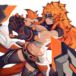 Rule 34 | 1girl, abs, asher (omega strikers), bandages, belt, black shorts, blue eyes, breasts, eyepatch, gloves, highres, jimbobox, large breasts, liyart, long hair, muscular, muscular female, official art, omega strikers, orange hair, sarashi, shorts, simple background, smile, solo, spiked hair, stretching, thighhighs, thighs, white background