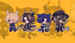 Rule 34 | 4boys, animal ears, apron, arknights, bandaid, bandaid on face, bandaid on nose, black cloak, black coat, black headwear, black pants, black shirt, blonde hair, blue hair, brown hair, chibi, chibi only, chong yue (arknights), cloak, coat, commentary, dog boy, dog ears, dog tail, dragon boy, dragon horns, dragon tail, fedora, fins, fish tail, furry, furry male, gauntlets, gloves, grey apron, grey gloves, hair over one eye, hat, head fins, holding, holding newspaper, horns, horse boy, horse ears, horse tail, lee (arknights), looking at viewer, ma (xxxx-xl), mlynar (arknights), multicolored hair, multiple boys, muzzle, newspaper, open mouth, oversized object, pants, parted bangs, pliers, red eyes, scarf, shirt, short hair, simple background, single gauntlet, smile, streaked hair, tail, talisman, white pants, white shirt, windflit (arknights), yellow background, yellow eyes, yellow gloves, yellow scarf, zoom layer