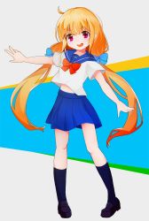 Rule 34 | 1girl, :d, ahoge, black footwear, blonde hair, blue bow, blue sailor collar, blue skirt, blue socks, blush, bow, brown hair, commentary request, full body, futaba anzu, gradient hair, hair between eyes, hair bow, highres, idolmaster, idolmaster cinderella girls, idolmaster cinderella girls starlight stage, loafers, long hair, looking at viewer, low twintails, mamagogo (gomaep), midriff peek, multicolored hair, open mouth, outstretched arm, pleated skirt, purple eyes, red bow, sailor collar, school uniform, serafuku, shoes, skirt, smile, socks, solo, standing, twintails, very long hair