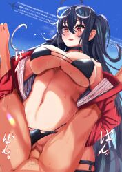 Rule 34 | 1boy, 1girl, :q, aircraft, airplane, amazon position, araimooah, assertive female, azur lane, bikini, black bikini, black hair, blue sky, breasts, censored, cleavage, closed mouth, clothed female nude male, contrail, eyewear on head, femdom, folded, girl on top, hetero, holding legs, jacket, large breasts, leg grab, long hair, male pubic hair, mosaic censoring, multi-strapped bikini bottom, multi-strapped bikini top, multiple straps, navel, nude, official alternate costume, one side up, outdoors, piledriver (sex), pubic hair, pussy, race queen, rape, red eyes, red jacket, sex, sky, solo focus, sweat, swimsuit, taihou (azur lane), taihou (enraptured companion) (azur lane), tongue, tongue out, vaginal