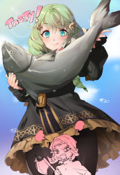 Rule 34 | 1boy, 1girl, anger vein, angry, axe, black dress, black pantyhose, blue eyes, brother and sister, chibi, chibi inset, cloud, cloudy sky, cowboy shot, day, dress, drill hair, english text, fangs, fire emblem, fire emblem: three houses, fish, flayn (fire emblem), glint, green hair, hair ornament, highres, licking lips, long sleeves, looking at viewer, medium hair, meme, naso4, nintendo, outdoors, pantyhose, seteth (fire emblem), siblings, sky, smile, solo focus, sunlight, tongue, tongue out, upskirt